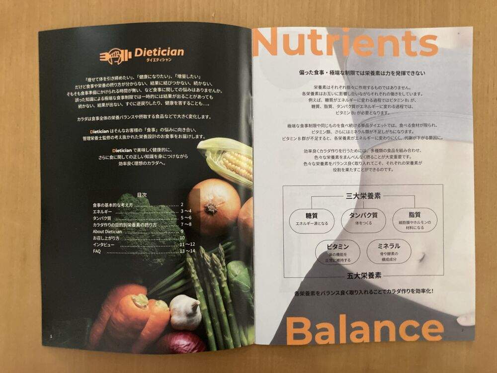 ダイエティシャン（Dietician）の宅配弁当（宅食）のパンフレットの中身