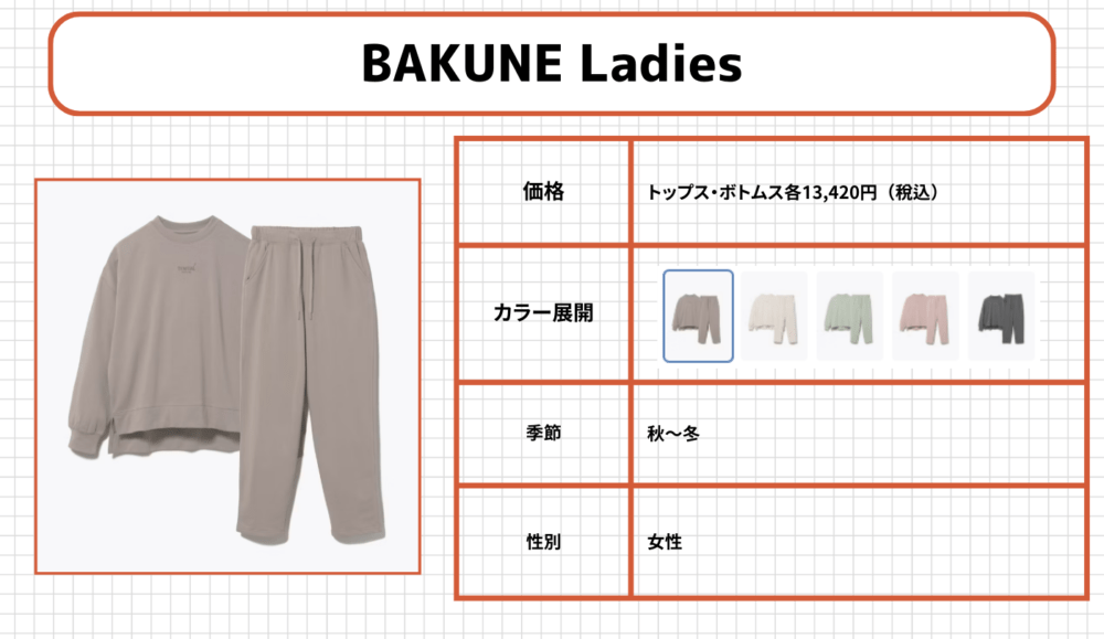 BAKUNEパジャマの各シリーズ10.BAKUNE Ladies(バクネ レディース)