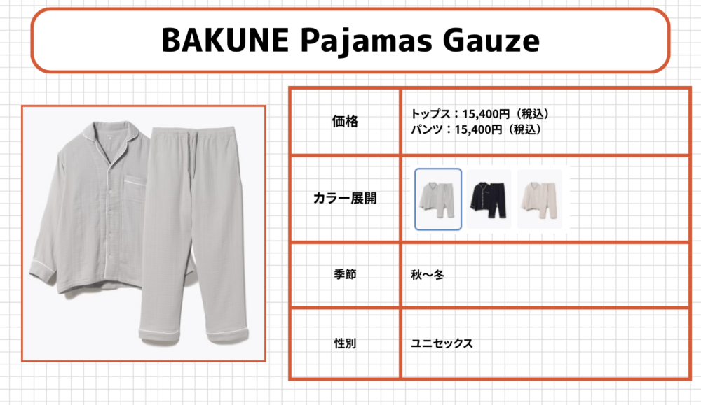 BAKUNEパジャマの各シリーズ7.BAKUNE Pajamas Gauze(バクネ パジャマズ ガーゼ)