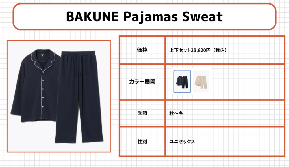 BAKUNEパジャマの各シリーズ8.BAKUNE Pajamas Sweat(バクネ パジャマズ スウェット)