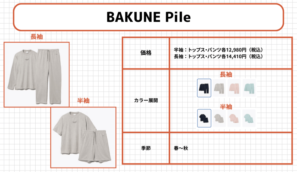 BAKUNEパジャマの各シリーズ9.BAKUNE Pile(バクネ パイル)